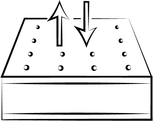 Icon image of a mattress with up and down arrows to show inner and outer hand-tufting on a mattress.