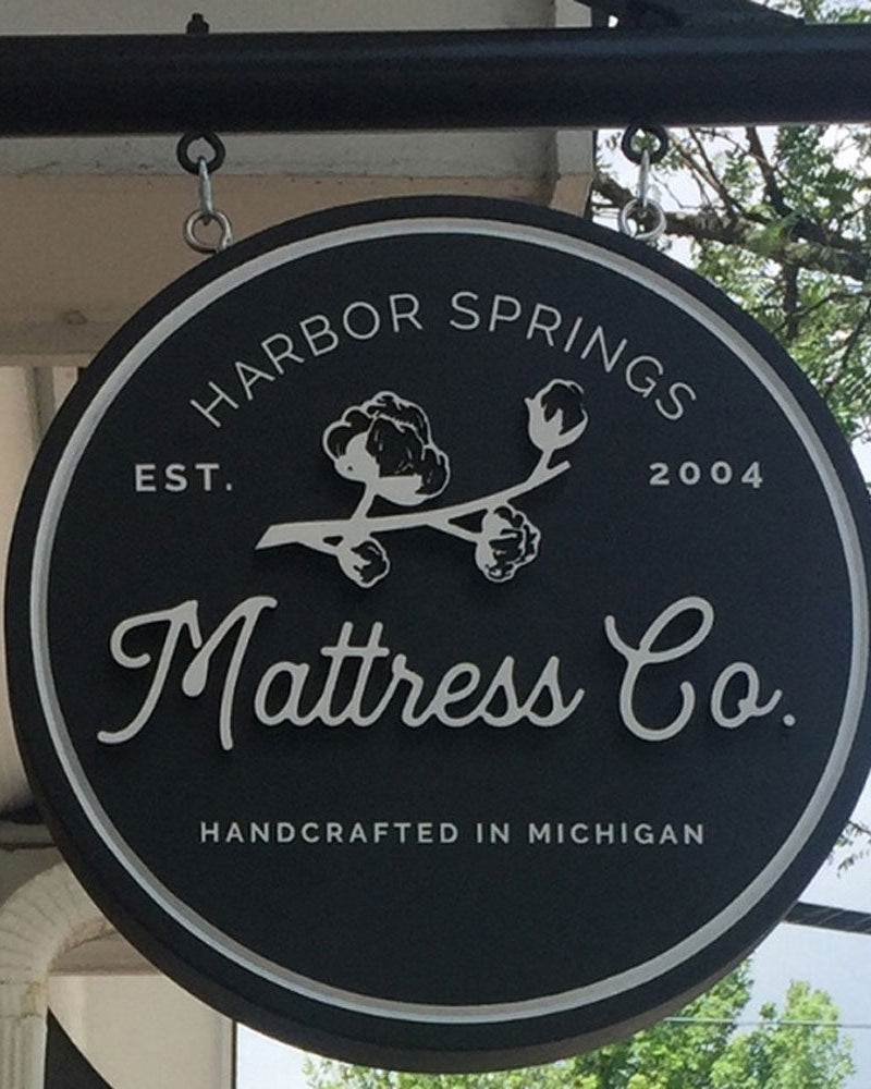 Harbor Springs Mattress Co. sign outside of our showroom in Rochester, Michigan.