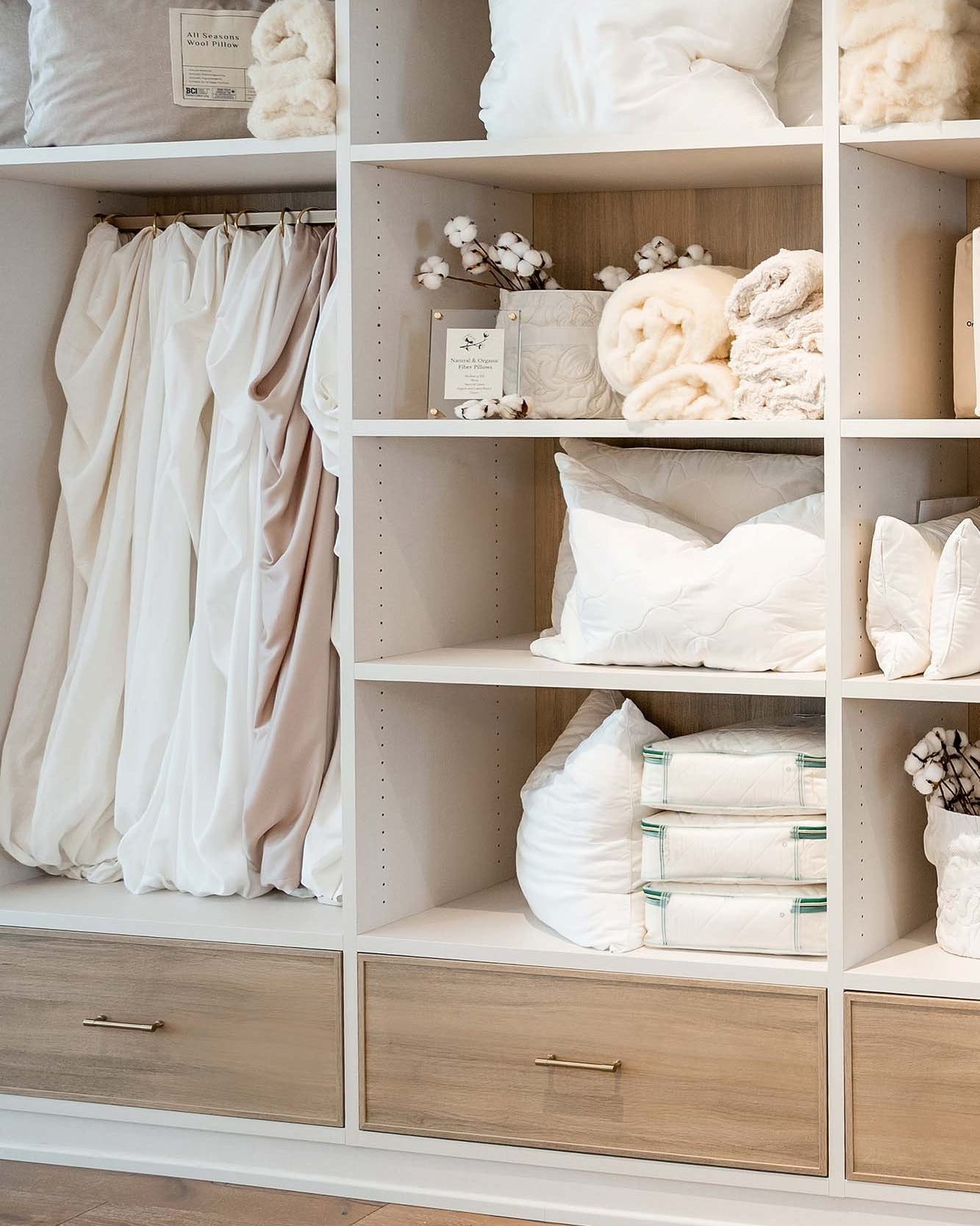 Organic sheets, pillows and mattress protectors displayed at Harbor Springs Mattress Company in Birmingham, MIchigan.
