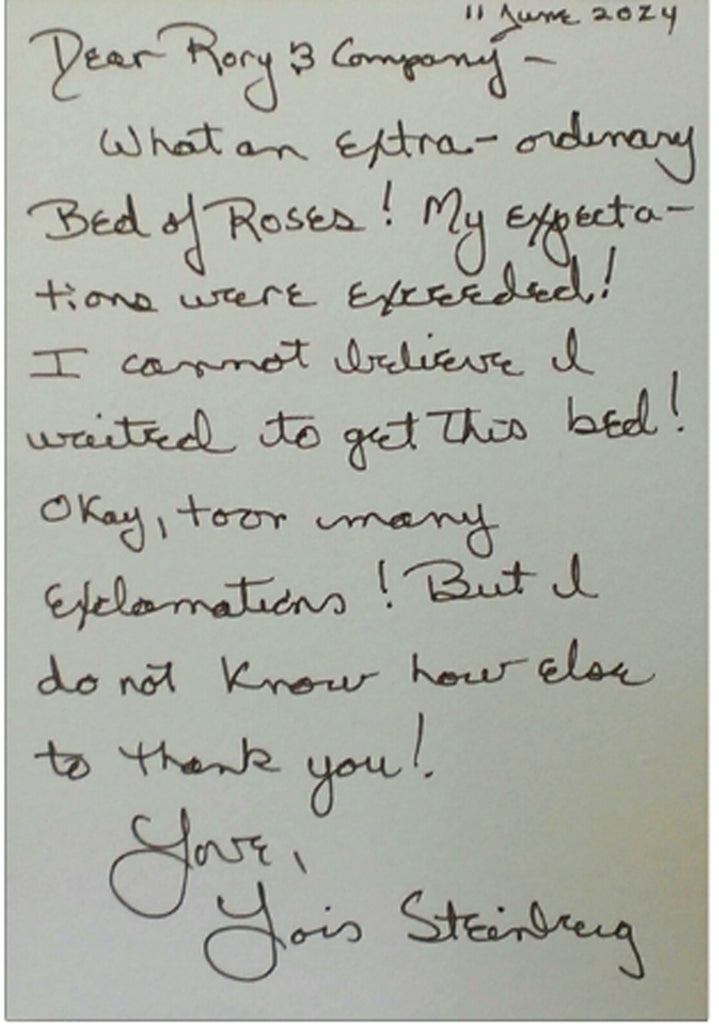 Handwritten thank you note praising Harbor Springs Mattress for making a great bed.