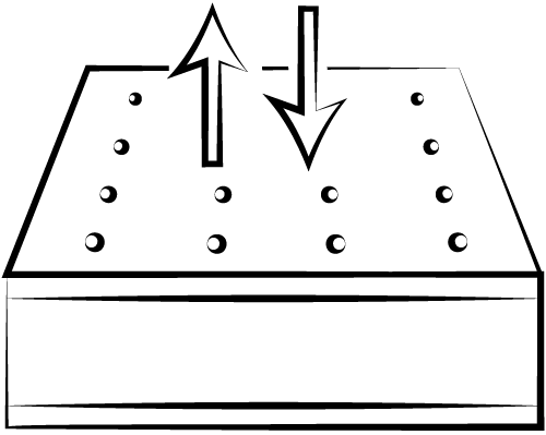 Icon image of a mattress with up and down arrows to show inner and outer hand-tufting on a mattress.