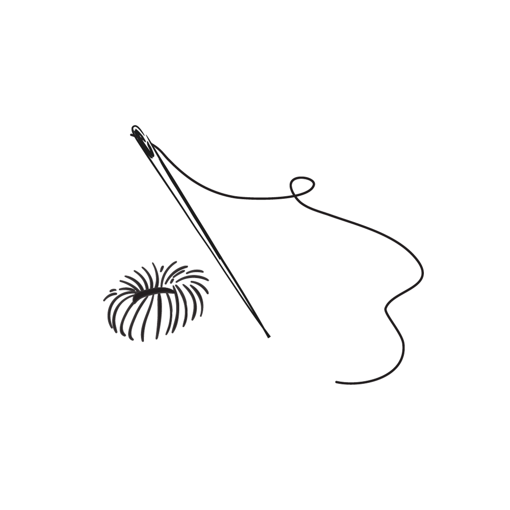 Hand drawn icon of a tufting needle and tufting rosette.
