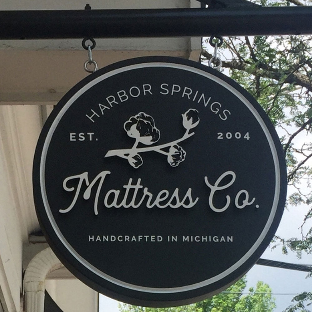 Harbor Springs Mattress Co. sign outside of our showroom in Rochester, Michigan.