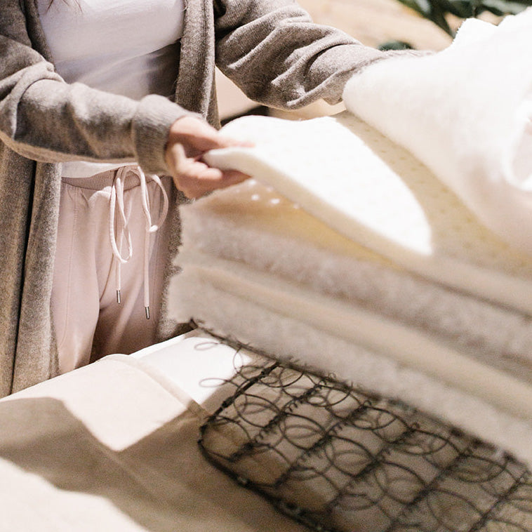 Natural mattress layers on display in mattress store in Traverse City.