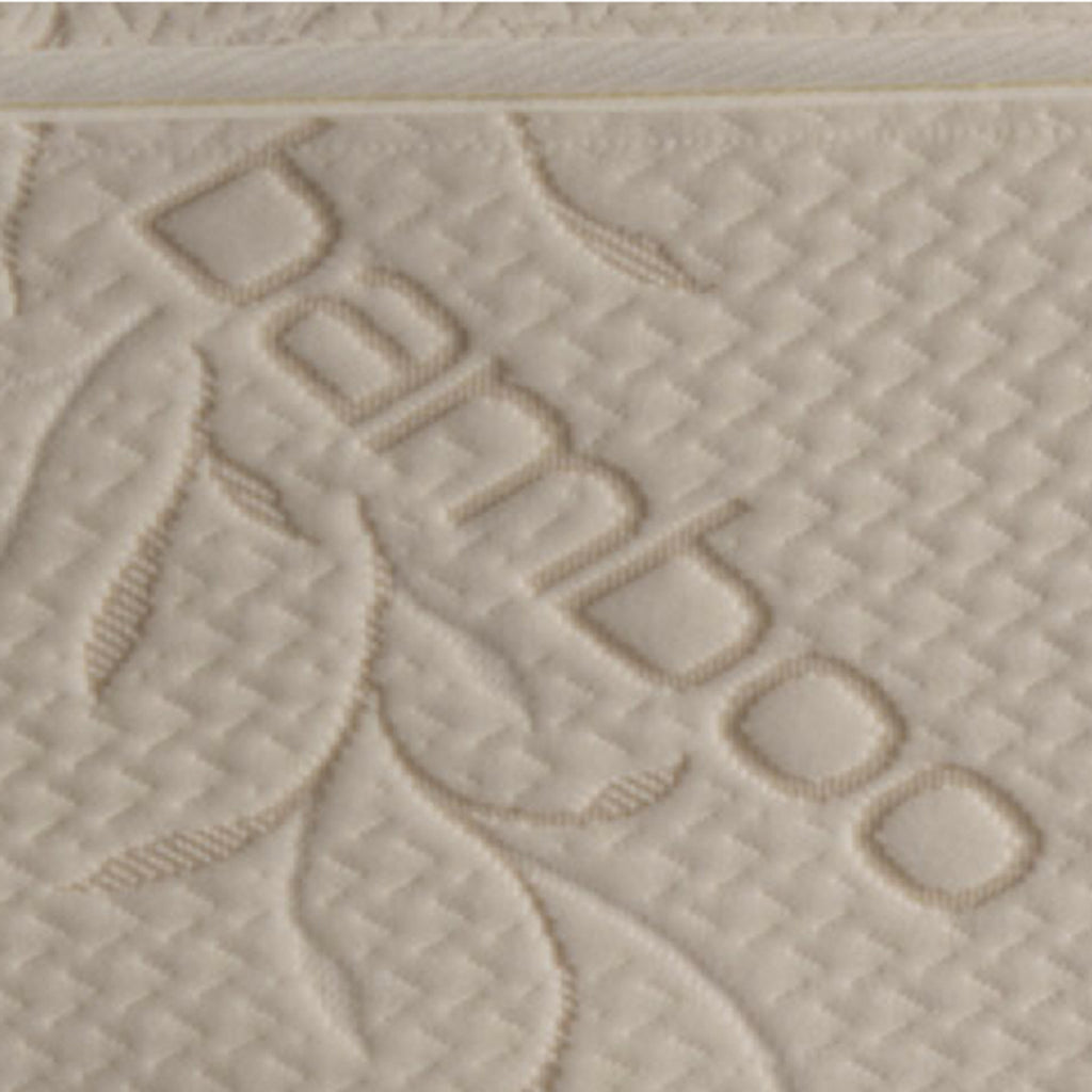 Bamboo mattress ticking close up with word bamboo on fabric.