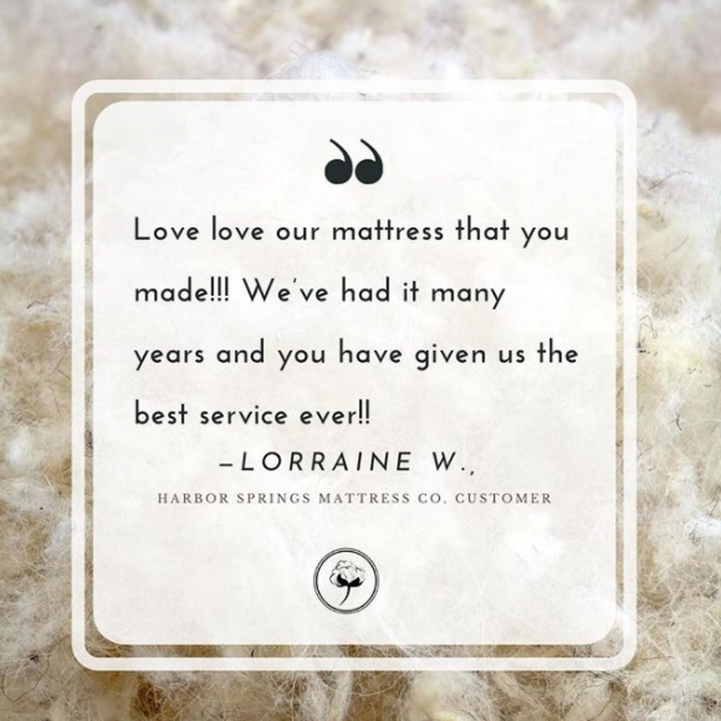 Positive review quote overlayed on natural wool background.