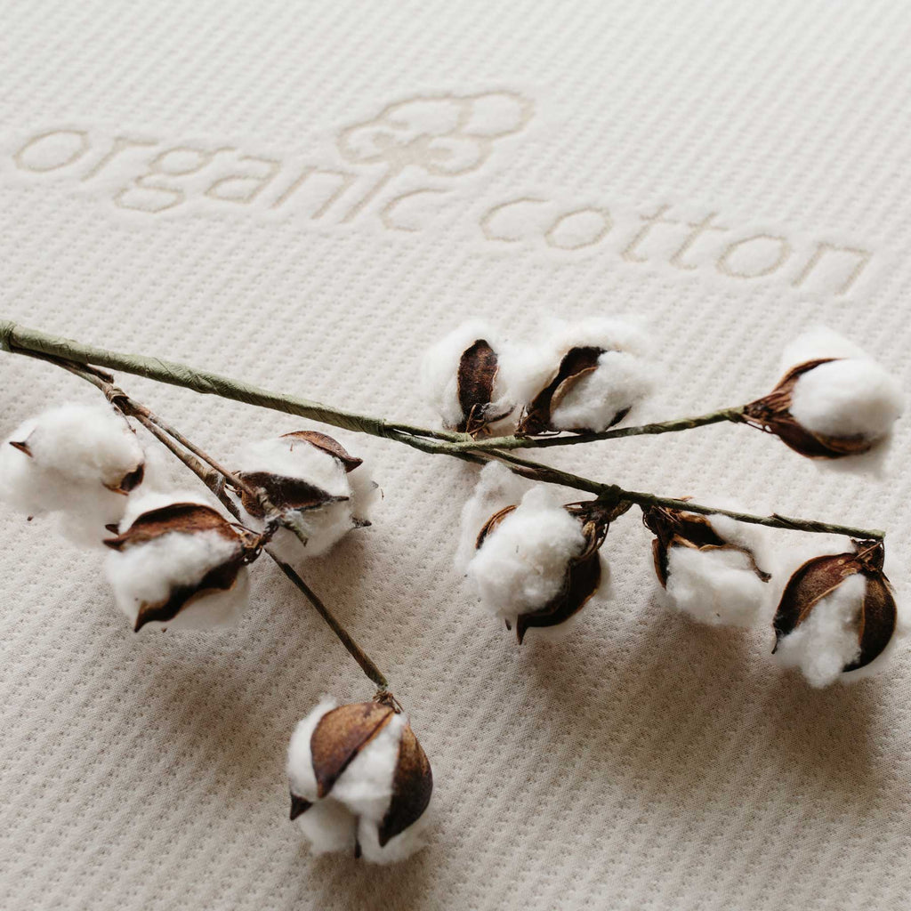 Organic cotton mattress ticking with cotton boll flower laid on top of mattress.